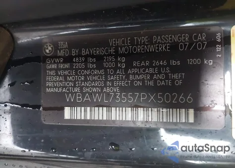 2007 BMW 335I z USA, uszkodzony, nr VIN WBAWL73557PX50266